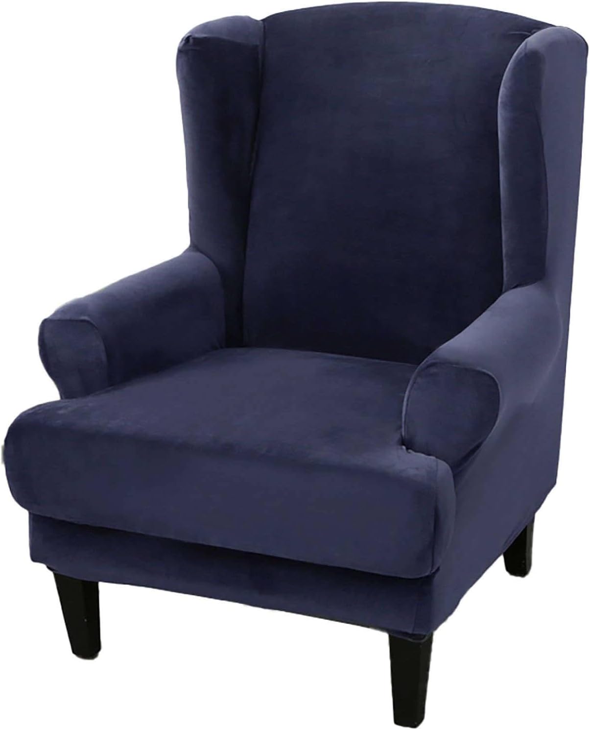 Velvet Wingback Chair Cover, 2 Pack Soft Wing Chair Cover Stretch Removable Armchair Covers Wing Chair Slipcover for Living Room-Navy Blue-2 Piece