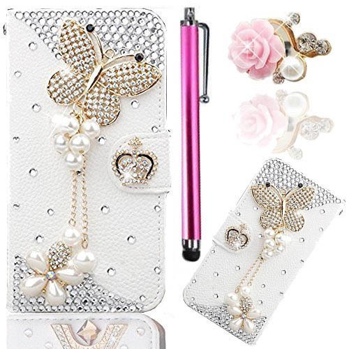 J7 2016 Case,Vandot Bling Leather Diamond Luxury Butterfly Pattern Wallet PU Card Cover with Stand Holder for Samsung Galaxy J7 (2016) + Pink Floral Flower Rose Anti Dust Plug