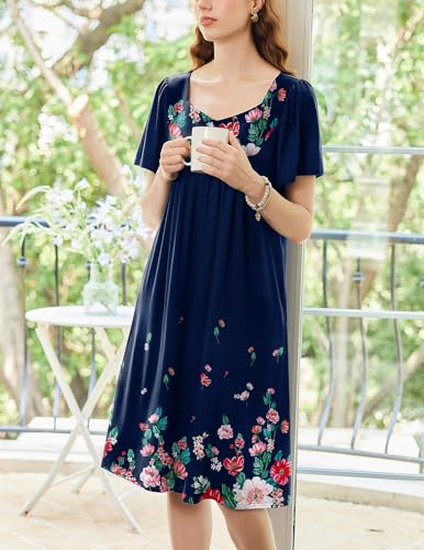 Image of Ekouaer Women's House Dress - Pleated Nightgown with Short Sleeves & Pockets