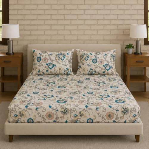 Image of Trance Home Linen 144TC 100% Cotton 75 inchx48 inch Twin Bed Size Elastic Fitted Bedsheet | Printed Twin Size Bed Elasticated Fitted Bedspread with 2 Pillow Covers (75x48 inch, Kalamkari Teal)
