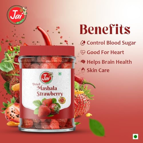 Image of JAI DRY FRUITS MASHALA Strawberry | Chatpata Dry Strawberry | Premium Dehydrated Snack | Tangy & Spicy & Sweet Healthy Fruit Snack | Ready to Eat | Rich in Fiber | Pack of 6 | 150g Each