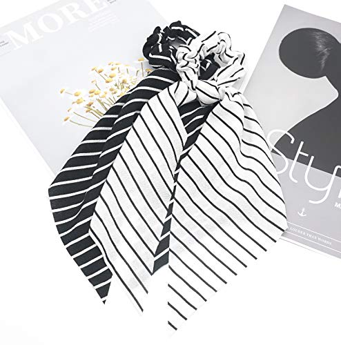 Hair Scarf Scrunchie Ties Black And White Hair Ribbon Ties Fashion Chiffon/Silk Ponytail Holder With Tails Knotted Bowknot Long Scarves Scrunchies Cheetah-Print/Stripped/Solid Color For Women (6Pcs) … #TOP2
