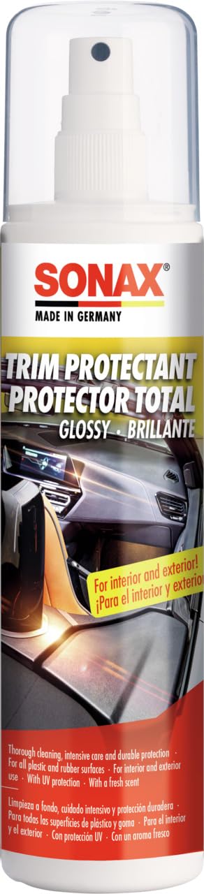 SONAX TRIM PROTECTANT GLOSSY (300 ml) - For interior and exterior use. Thorough cleaning, intensive care and durable protection for all plastic and rubber surfaces. | Item-No. 03800410-544