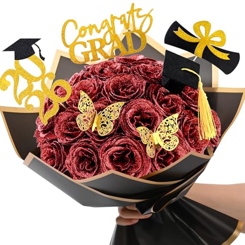 Waipfaru 2026 Graduation Gifts Glitter Roses Bouquet Graduation Gift for Her DIY Fake Flowers Bouquet with Stand-Up Signs 36 Red Roses for High School/College/Middle School Grads