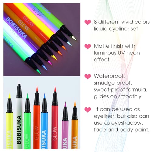 BOBISUKA UV Eyeliner Set 8 Farben Wasserfest - Matte Flüssiger Eyeliner Bunt - Glühender Eyeliner Wischfest, Langanhaltend, Hohe Farbwiedergabe und Einfache Anwendung