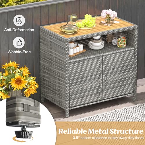 Image of Tangkula Rattan Outdoor Storage Cabinet, Patiojoy Outdoor Cabinet with Acacia Wood Countertop, Open Compartment, 2-Door Wicker Sideboard, Outdoor Bar for Patio Garden Backyard Poolside (Mix Grey)