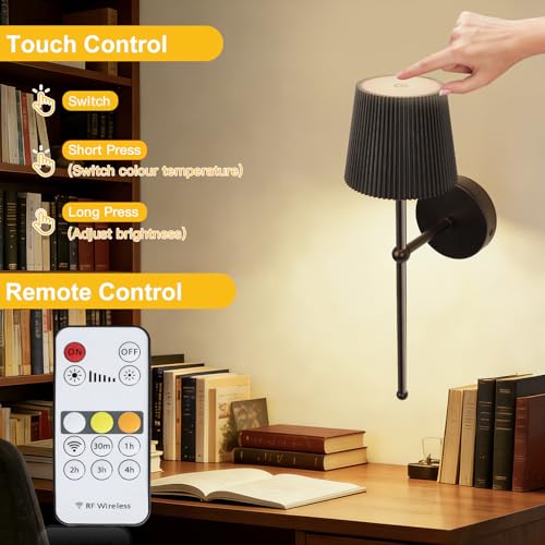 Black Rechargeable Wall Light with Remote Control - Retro Battery Operated Wall Lights Indoor for Living Room Bedroom - 3 Color Temperatures Wireless Wall Sconces - Striped Lampshade 2 Pack - Image 5