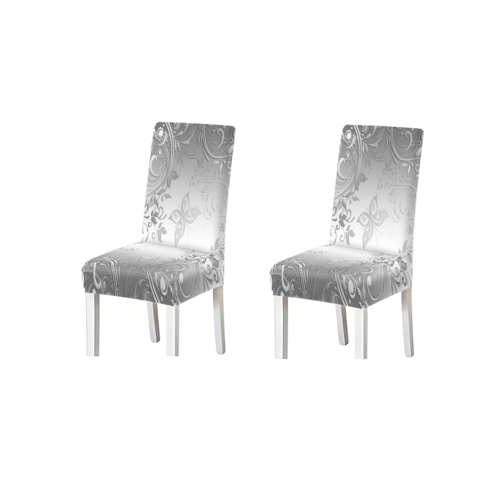 KXUAUV Silver Grey Floral Chair Covers Set Of 2/4/6, Luxury Stretch Dining Chair Slipcovers With Scroll Vine Print Seat Protectors for Restaurant Hotel Party(2PCS Chair cover)