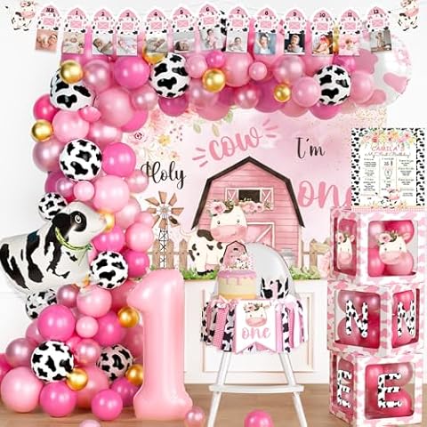 Party Inspo Holy Cow Im One Birthday Decorations Girl, 1st Birthday Decorations Girl, Cow Moo Moo First Party Decorations, Pink Backdrop Balloon Banner Cake Topper Box Cutout Crown Poster 161 PCs Cover