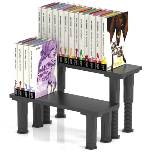 Manga Shelf Risers 2 Pack Book Riser for Bookshelves Black Wooden Height Adjustable Comic Books Shelves for Double Rows Display Stand for Books Collectibles Anime Figurines Blind Boxes CDs