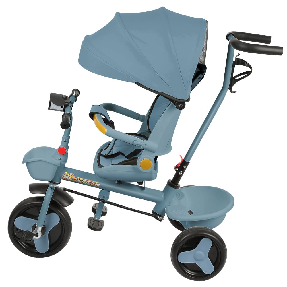 5 en 1Tricycle Enfants évolutif, Lumières et Musique, Siège Enveloppant, Siège et Inclinaison, Garde-Corps Amovibles, Porte-gobelet，Bleu