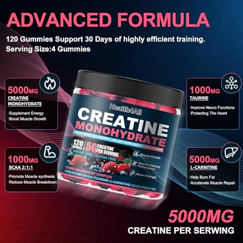 Health4All Creatine Monohydrate Gummies 5g for Men & Women, Creatine Gummy for Strength Energy & Muscle Growth Support Pre-Workout Supplement - Raspberry & Blueberry 120 Gummy — view 2