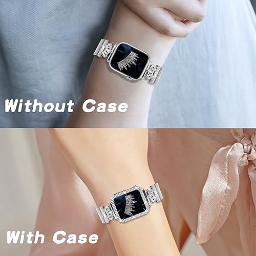 Magnetic Band Compatible with Apple Watch 38mm 40mm 41mm 42mm 44mm 45mm 46mm Stainless Steel Metal Strap with Bling Case and Built-in Screen Protector, Dressy Milanese Loop iWatch Bands for Women