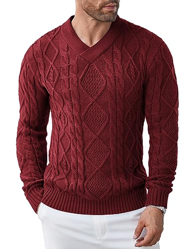 Image of COOFANDY Mens Knitted Jumper V Neck Winter Long Sleeve Pullover Red M