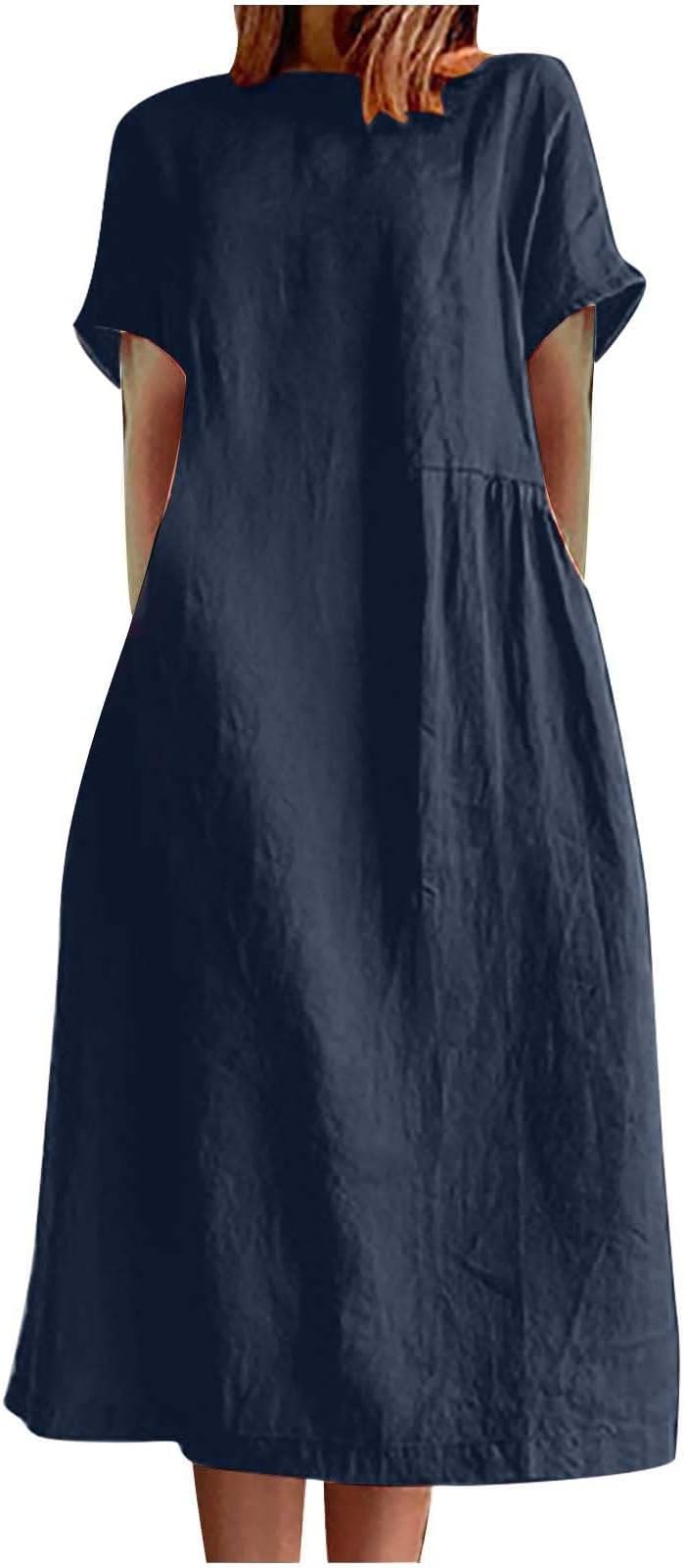 PejockWomen's Casual Cotton Linen Maxi Dress Crew Neck Summer Short Sleeve T Shirt Dress Loose Linen Dresses with Pockets