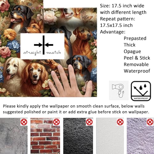 Papier peint fleurs et chiens Livelynine 44,5x200,8 cm rouleau adhesif repositionnable pour mur