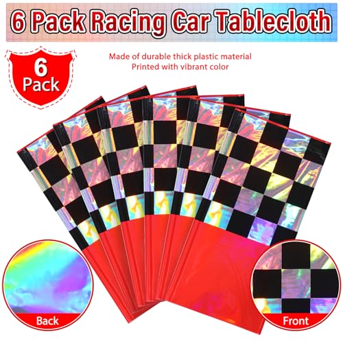 Image of 6Pack Iridescent Race Car Plastic Tablecloth, Disposable Shiny Laser Red and Black Checkered Table Cloth, Holographic Foil Rectangle Tablecloth for Race Car Boys Birthday Party Decorations, 54x108Inch