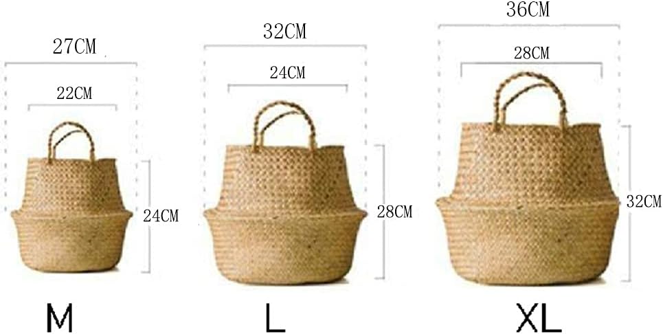 CENGOOD 3Pcs Seagrass Woven Storage Belly Baskets Nordic style with Handle for Plant Pot Garden Toys Container Decorative 22x20CM/27x24CM/32x28CM (White)