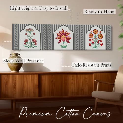 Image of Large Stretched Canvas Painting, Panel Wall Painting Traditional Indian Lotus Motif Luxury Paintings for Home Decoration, Living room, Bedroom and Office Decor (Red, 12x46 Inch)