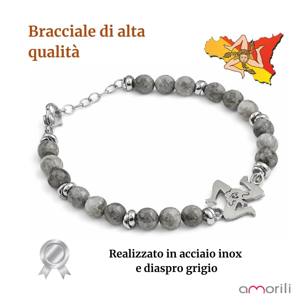 Bracciale Trinacria Uomo Donna in Acciaio Inox con Pietre Dure Vari Colori – Simbolo Sicilia Siciliano – Braccialetto Elegante