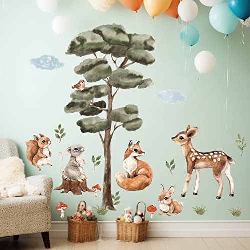 Image of Amaonm 2 Sheet of 12x24 inch Watercolor Forest Tree Wall Decal Woodland Deer Squirrel Fox Wall Stickers 3D DIY Peel and Stick Jungle Wild Animal Pine Wall Decor for Kids Boys Bedroom Playroom Living Room Classroom Decoration (Tree animal)