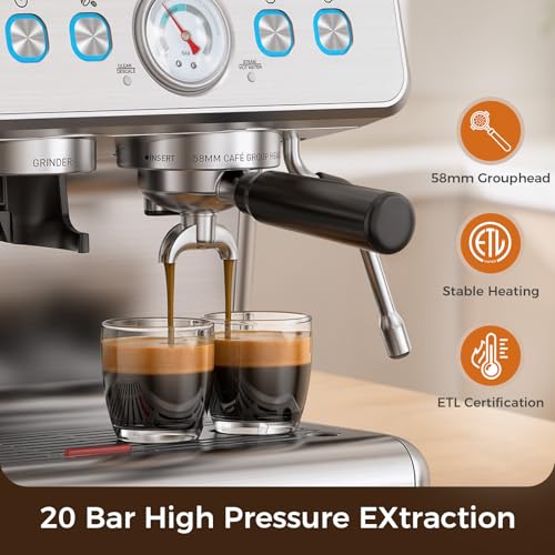 Image of Espresso Machine with Grinder,Expresso Coffee Machines, Professional Coffee Maker for Latte & Cappuccino with Milk Frother, Expresso Machines for Home, Removable Water Tank, Steam Wand-Silver