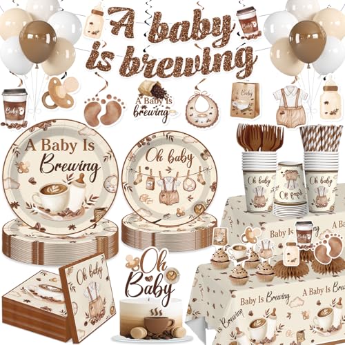 A Baby is Brewing Baby Shower Decorations Coffee Themed Welcome Baby Banner Plates and Cups and Napkins Sets Disposable Tablecloth Coffee Beans Shower Brown Neutral Baby Decorations Serves 25