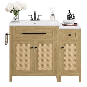 IRONCK 30″ Bathroom Vanity with Storage Side Cabinet, Freestanding Bathroom Cabinet with Ceramic Sink, Flip-Down Drawer & Soft Closing Door, Farmhouse