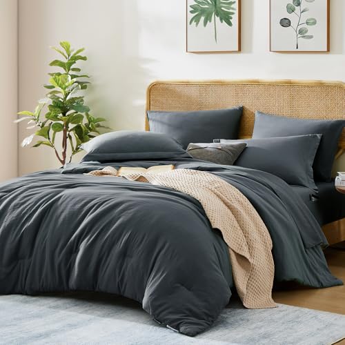 Image of Queen Comforter Set-7 Pieces Soft Prewashed Bed in a Bag Queen Bedding Sets | All Season Comforter with Sheets, Pillow Shams & Pillowcases,Blue Grey