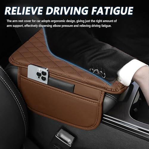 Image of Stacool Upgraded Car Center Console Cover,Microfiber Leather Car Armrest Cover Cushion with 2 Storage Bags,Universal Car Armrest Storage Box (Brown)