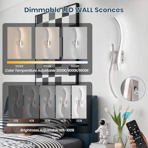Image of Battery Operated Wall Sconces Set of 2, Rechargeable Dimmable Battery Wall Light with Remote Control, Brushed Nickel LED Wireless Wall Light for Living Room Bedroom Hallway，31.5inch (Brushed Nickel)