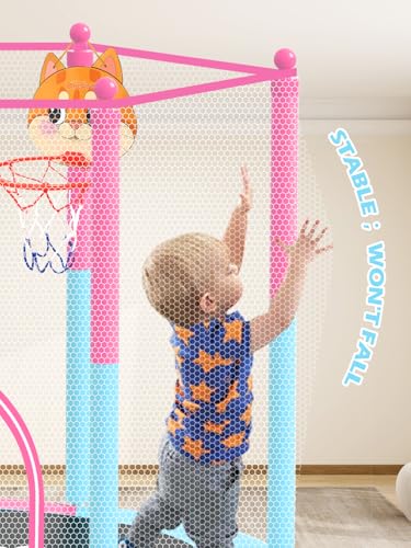 Image of BLUERISE 55IN 6FT Indoor /Outdoor Toddler Trampoline for Kids | Galvanized Steel Pipe,Multiple Activity Accessories,110lb,Safety Enclosure,Basketball Hoop,No-Gap Design,Anti-Rollover Bottom