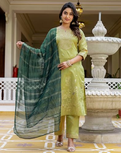 Image of SIRIL Women's Taffeta Jacquard and Embroidery Work Straight Kurta Pant with Dupatta Set
