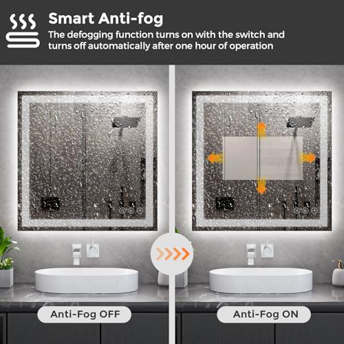 Image of Koonmi 36x36 LED Bathroom Mirror, Backlit + Front Lit, LED Bathroom Mirror with Lights for Wall, 3 Colors, Anti-Fog, Dimmable Brightness, Memory Function, Tempered Glass