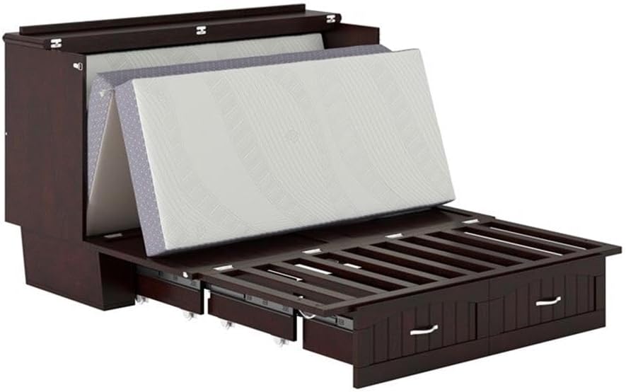 Pemberly Row Farmhouse Solid Wood Queen Murphy Bed Chest, Espresso Finish, Gel-Infused Memory Foam Mattress, Built-in USB Charging Station, Space-Saving Design, Bedroom or Guest Room Furniture