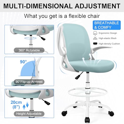 Image of Drafting Chair Tall Office Chair with Flip-up Armrests, Adjustable Height, and Enhanced Lumbar Support - Ergonomic Rolling Stool, Back Support, and Adjustable Foot Rest Ring Light Blue