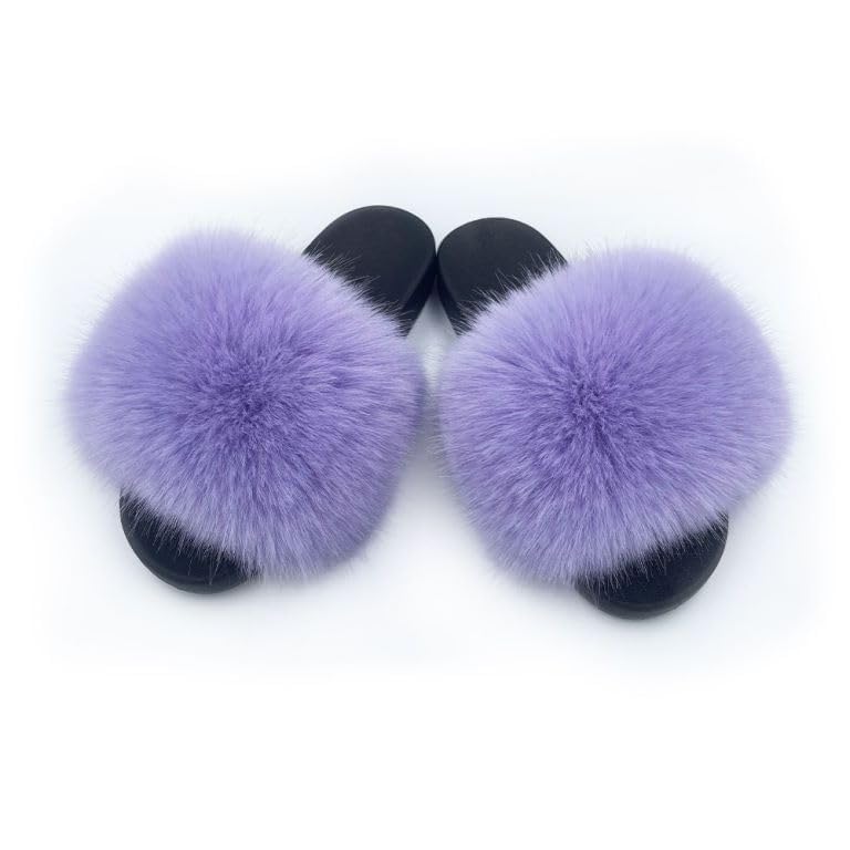 Image of Women's Faux Fur Slides Slippers Fluffy Fuzzy Sandals Open Toe Furry Slide Flip Flop Indoor Outdoor