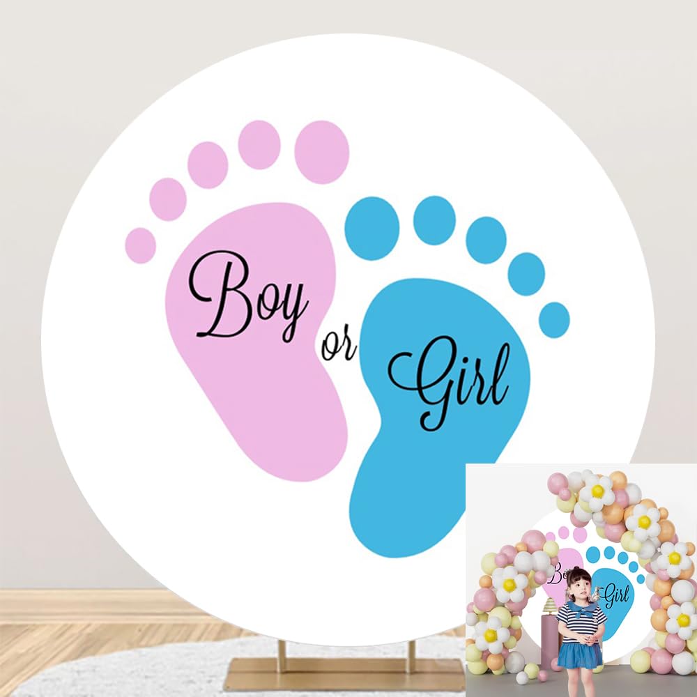 OERJU Round Gender Reveal Backdrop Cover Baby Feet Round Backdrop Blue or Pink Boy or Girl Circle Backdrop Cover Newborn Baby Shower Pregnancy