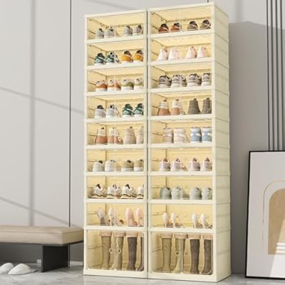 Dimmeda 9 Tiers Foldable Shoe Rack Organizer for Closet with Wheels, 36Pairs Plastic Collapsible Shoe Shelf for Front Door Entrance Stackable Clear Folding Shoes Storage Boxes Tall Shoe Cabinet