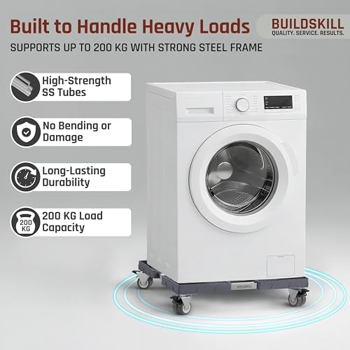 Image of BUILDSKILL 200Kg Washing Machine Stand Adjustable | SS Tubes | 360 Rotating Double Wheels with Lock | Absorbs Vibration | Anti-Skid Top & Front Load Washing Machine Trolley (Grey)