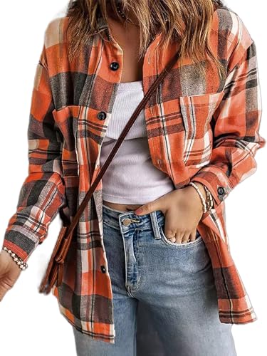 Flamingals Button Down Shirts for Women Oversized Plaid Long Sleeve Loose Fit Casual Blouses Tops