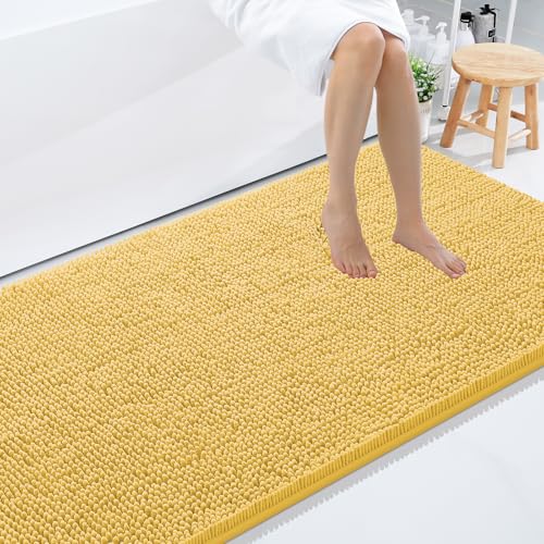 Smiry Luxury Chenille Bathroom Rugs 59x35, Extra Soft and Absorbent Shaggy Bath Mat, Machine Washable, Non-Slip Plush Carpet Runner for Tub, Shower, and Floor, Home Decor Accessories, Yellow