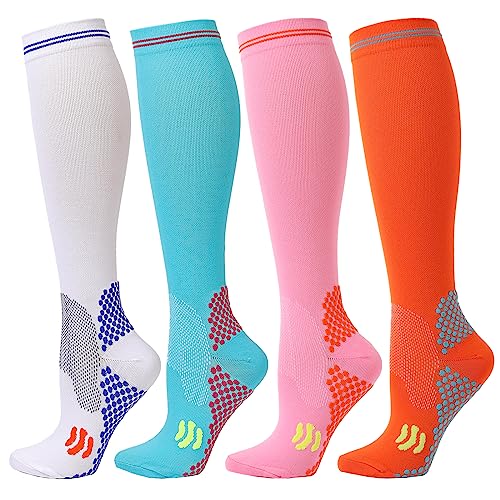 Kickticks Compression Socks 4 Paris for Women & Men 20-30mmhg Knee High Circulation Support for Running Nurse Sport ft. 3D Dots(White/Lake/Pink/Orange, S/M)