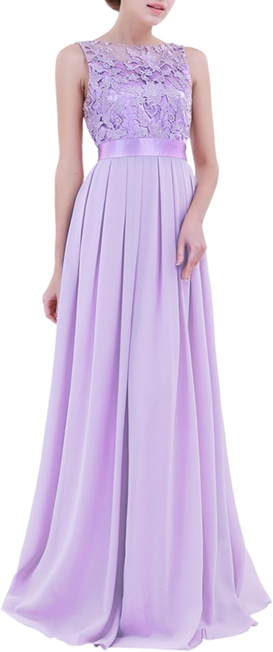 FEESHOW Women's Floral Lace Appliques Chiffon Wedding Bridesmaid Long Dress Prom Evening Gowns