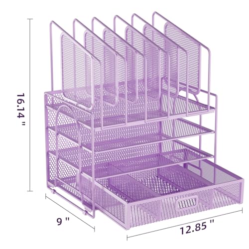 Image of Marbrasse Desk Organizers, 4-Tier Mesh Desk File Organizer with 5 Vertical File Holders and 2 Pen Holders, Multifunction Desktop Organizer,Desk Organizers and Accessories for Home Office (Purple)