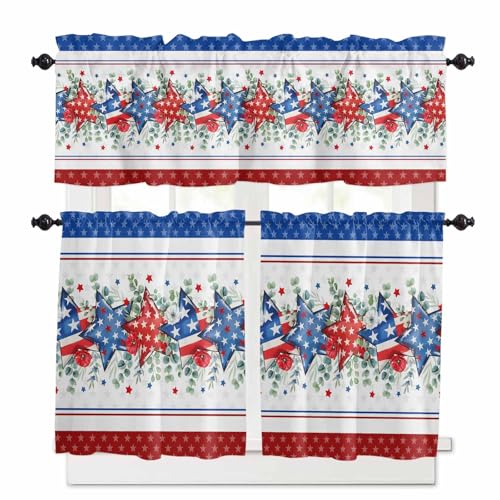 Independence Day Kitchen Curtains 36 Inch Length,3 Piece Rod Pocket Small Half Tiers and Valance Set,Star Stripe Flag Eucalyptus Red Blue Small Large Window Treatment Decor for Bedroom/Bathroom Sink
