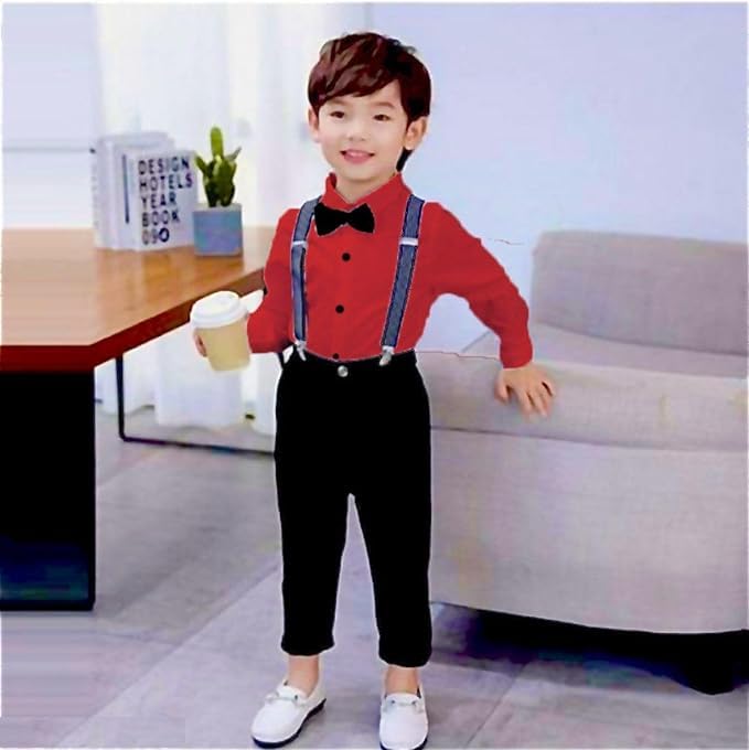 Image of SAGAR IMPEX Boys Cotton Blend Solid Full Sleeves Shirt and Pant Set with Suspender and Bow Tie | Clothing Set for Boys