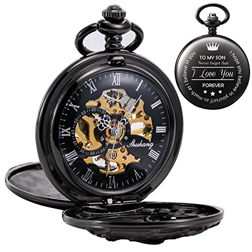 TREEWETO Antique Engraved Mechanical Pocket Watch Lucky Dragon Hollow Case Double Hunter Skeleton Dial Customized Personalized Gift Gifts for Son Boys Men with Chain + Box