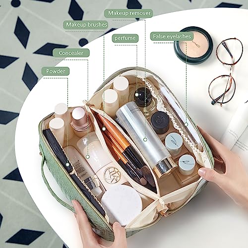 Bykasist Travel Makeup Bag Large Capacity Cosmetic Bags For Women Portable Makeup Bag Opens Flat For Easy Access Travel Toiletry Bag Leather Waterproof Women Travel Cosmetic Bag Organizer, Green #TOP1