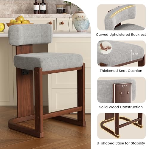 Image of Bar Stools Set of 6, Upholstered Counter Height Bar Stools, Mid Century Modern Counter Stools with Curved Backrest, Solid Wood Legs, 26 inch Bar Chairs for Kitchen Island Bar, Light Grey